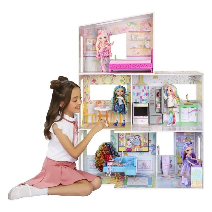 Rainbow High Maison de poupée Color & Play en bois - Maison 3 étages à colorier avec marqueurs lavables, 114 cm, 6 pièces et accessoires inclus - Jouet créatif enfant 4 ans et plus
