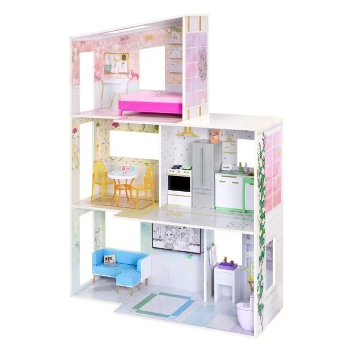Rainbow High Maison de poupée Color & Play en bois - Maison 3 étages à colorier avec marqueurs lavables, 114 cm, 6 pièces et accessoires inclus - Jouet créatif enfant 4 ans et plus