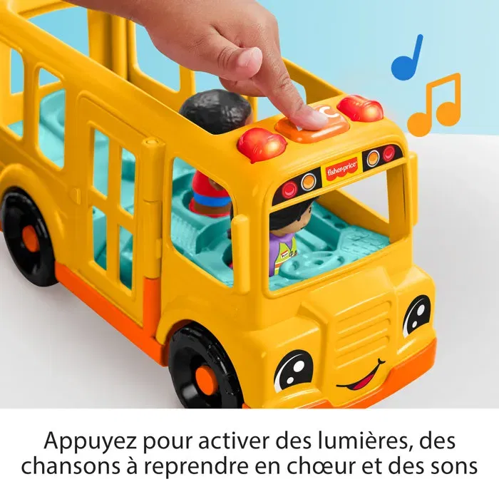 Fisher-Price Little People - Bus Scolaire Musical VTC HYT03 - Véhicule à Pousser Trilingue avec Sons, Lumières et 2 Figurines