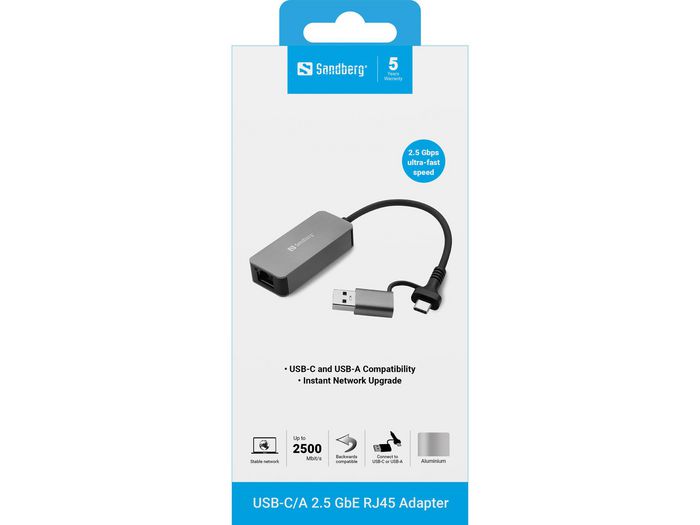 Sandberg Adaptateur USB-C/A vers RJ45 2.5 GbE Sandberg Adaptateur USB-C/A vers RJ45 2.5 GbE