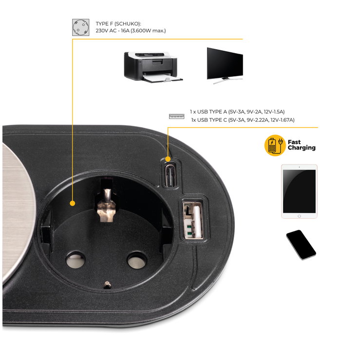 Emuca Multiconnecteur Vertikal Flat 60, 1 prise Schuko, 1 USB Type A, 1 USB Type C, Acier inoxydable