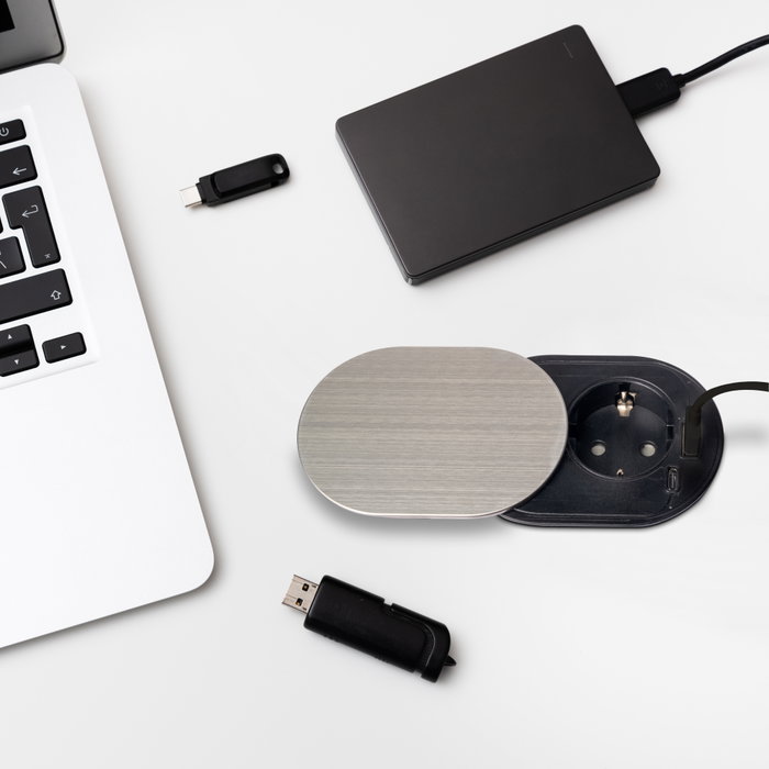 Emuca Multiconnecteur Vertikal Flat 60, 1 prise Schuko, 1 USB Type A, 1 USB Type C, Acier inoxydable