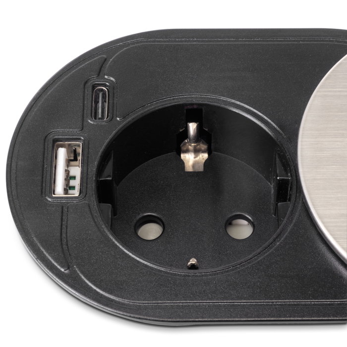 Emuca Multiconnecteur Vertikal Flat 60, 1 prise Schuko, 1 USB Type A, 1 USB Type C, Acier inoxydable