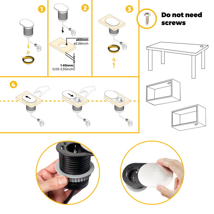 Emuca Multiconnecteur Vertikal Flat 60, 1 prise Schuko, 1 USB Type A, 1 USB Type C, Acier inoxydable