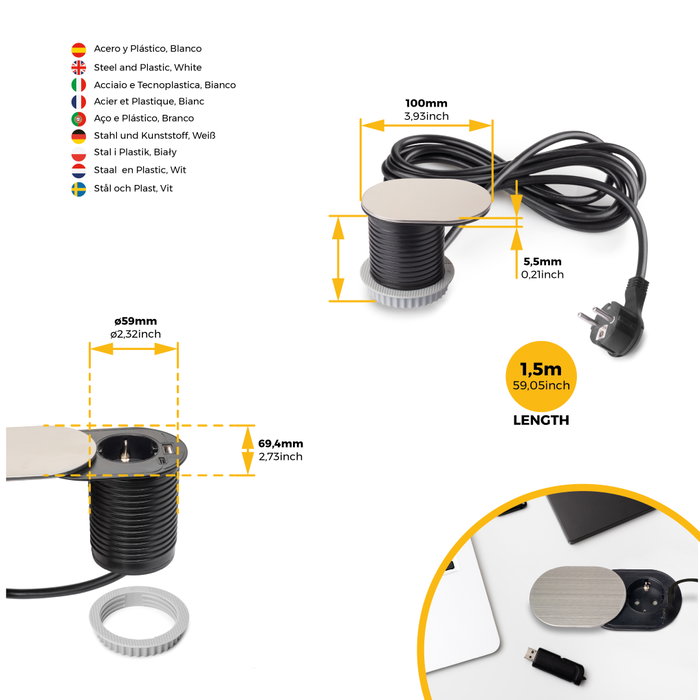 Emuca Multiconnecteur Vertikal Flat 60, 1 prise Schuko, 1 USB Type A, 1 USB Type C, Acier inoxydable