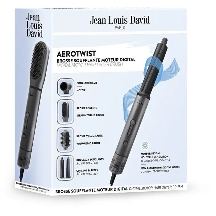 Jean Louis David AEROTWIST - Brosse soufflante styler 4-en-1 avec technologie Coanda - 5 têtes interchangeables pour sécher, lisser et boucler les cheveux - Gris
