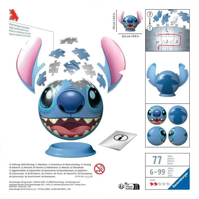 Ravensburger 11574 - Puzzle 3D Ball Disney Stitch - 72 pièces numérotées et rondes pour une construction stable sans colle - Pour les enfants dès 6 ans