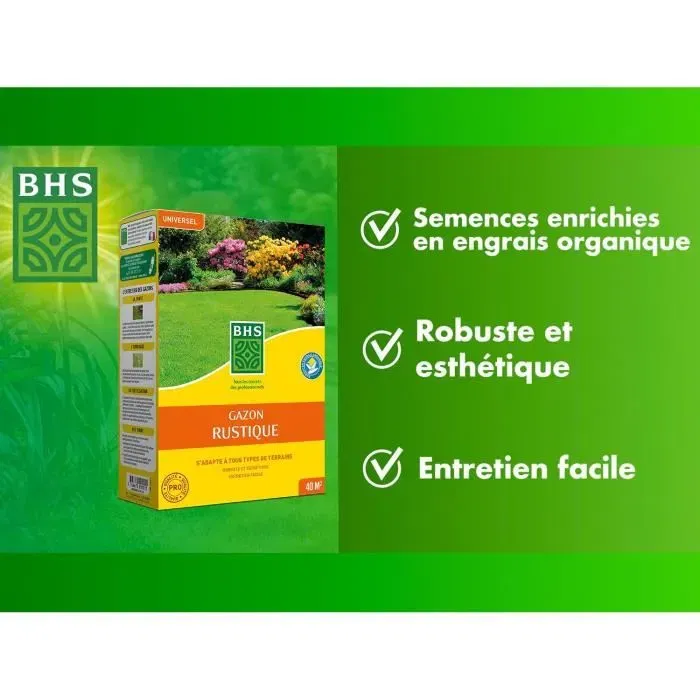 BHS - Gazon Rustique 1kg - Semence pelouse resistant froid - Avec engrais UAB pour semer et nourrir - Pour tous terrains et climats