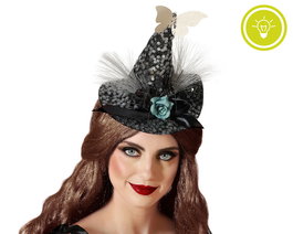 Chapeau de sorcière ou magicienne noir brillant avec décor de papillon et fleur bleue pour Halloween et carnaval, pour déguisement femme
