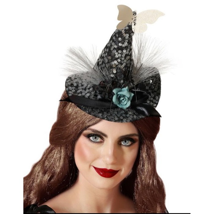 BigBuy Carnival Serre-tête Chapeau Sorcière Halloween Noir Brillant avec Papillon et Fleurs