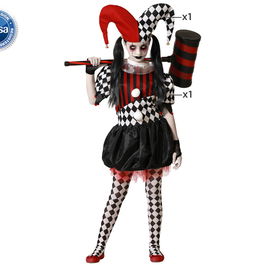 Déguisement Arlequina Fille - Robe et Chapeau avec Motifs à Carreaux et Rayures Rouge et Noir - Taille 3-4 Ans pour Carnaval, Halloween ou Fête