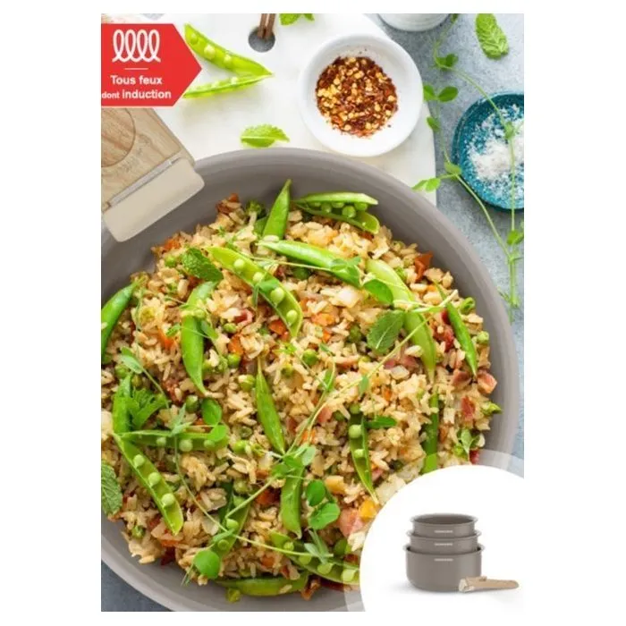 Arthur Martin Set 3 Casseroles en Céramique AM1122 Ø 16-18-20 cm avec Poignée Amovible Tous Feux Induction - Taupe