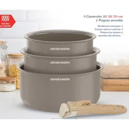 Arthur Martin Set 3 Casseroles en Céramique AM1122 Ø 16-18-20 cm avec Poignée Amovible Tous Feux Induction - Taupe
