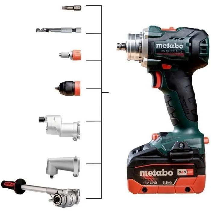 Metabo Perceuse-visseuse sans fil BS 18 LTX BL Q I 18 V avec MetaBOX 145 L, mandrin et porte-embouts à changement rapide, poignée supplémentaire et crochet de ceinture