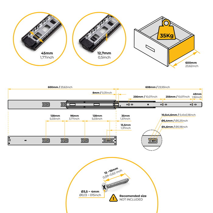 Emuca Lot de 5 jeux de Coulisses pour tiroirs, roulement à billes, hauteur 45mm, profondeur 600mm, sortie totale, fermeture amortie, Noir
