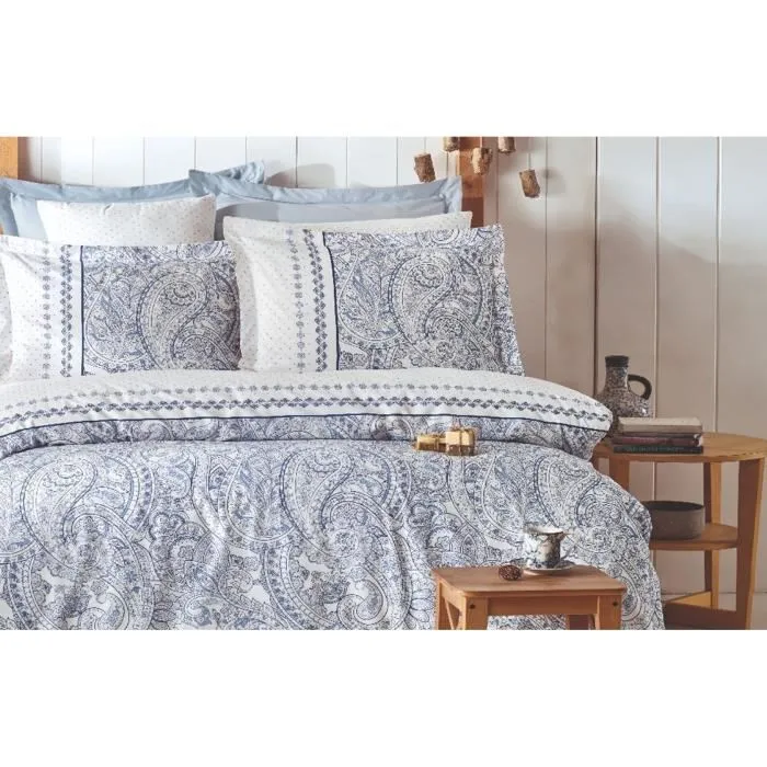 Parure de lit King, 1 housse de couette 240 x 220 cm et 2 taies d'oreiller 60 x 60 cm, en 100% coton renforcé 140 fils, bleu - Lit confortable et élégant