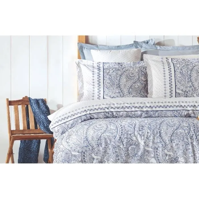 Parure de lit King, 1 housse de couette 240 x 220 cm et 2 taies d'oreiller 60 x 60 cm, en 100% coton renforcé 140 fils, bleu - Lit confortable et élégant
