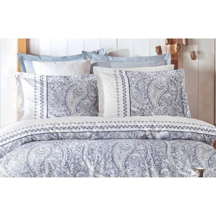 Parure de lit King, 1 housse de couette 240 x 220 cm et 2 taies d'oreiller 60 x 60 cm, en 100% coton renforcé 140 fils, bleu - Lit confortable et élégant