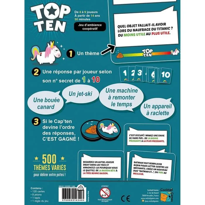 Asmodee Top Ten - Jeu de société en français avec 500 thèmes délirants pour animations de groupe et soirées