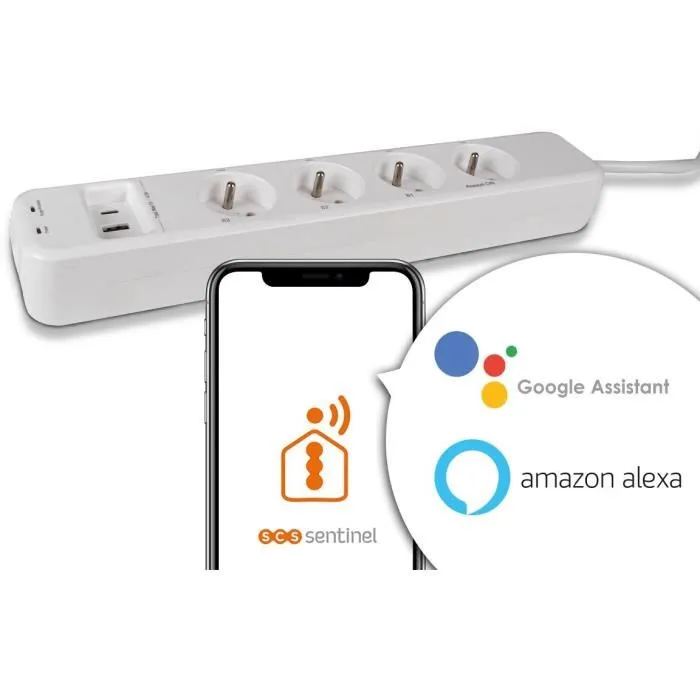 SCS SENTINEL SCS SENTINEL - Multiprise connectée intelligente SmartPlug Strip - 7 prises (4 permanentes, 3 contrôlables) - 3600W - WiFi - Compatible Google Assistant, Amazon Alexa