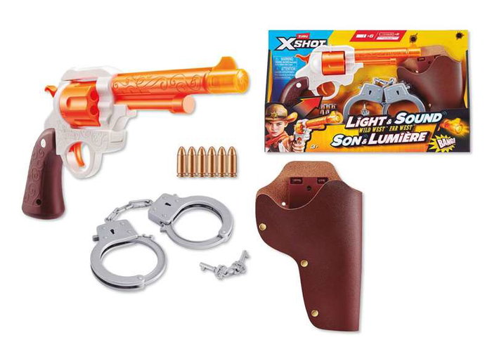 Zuru X-Shot Wild West - Pistol à fléchettes avec lumières et sons - 6 fléchettes incluses - Fonctionne avec 2 piles AAA fournies