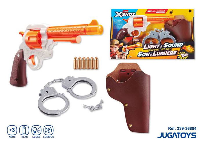 Zuru X-Shot Wild West - Pistol à fléchettes avec lumières et sons - 6 fléchettes incluses - Fonctionne avec 2 piles AAA fournies