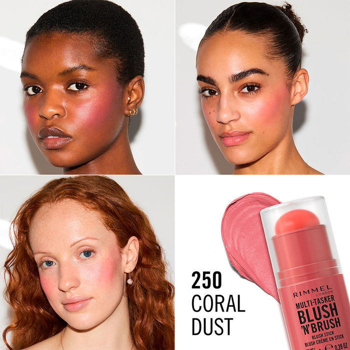 Rimmel London Blush 'N' Brush Multi-Tâches Stick - Fard à Joues Crémeux et Pinceau - Teinte Poudre de Corail 250 - 8 g - Vegan - Résistant à l'Humidité