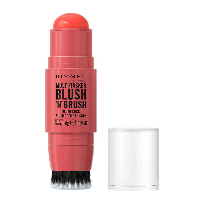 Rimmel London Blush 'N' Brush Multi-Tâches Stick - Fard à Joues Crémeux et Pinceau - Teinte Poudre de Corail 250 - 8 g - Vegan - Résistant à l'Humidité