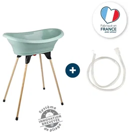 Thermobaby Vasco - Kit baignoire bébé complet avec pied en bois pliable et tuyau de vidange - Vert Sauge
