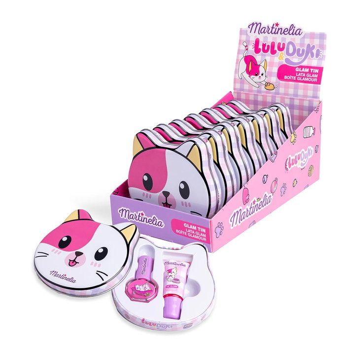 Martinelia Set de Maquillage Enfant Lata Kitty Glam Lulu & Duky 85478 avec Brillant à Lèvres et Vernis à Ongles Soluble dans Boîte Métal Design Chat