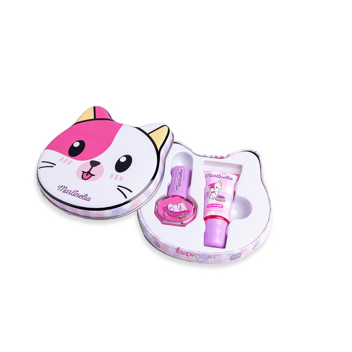 Martinelia Set de Maquillage Enfant Lata Kitty Glam Lulu & Duky 85478 avec Brillant à Lèvres et Vernis à Ongles Soluble dans Boîte Métal Design Chat