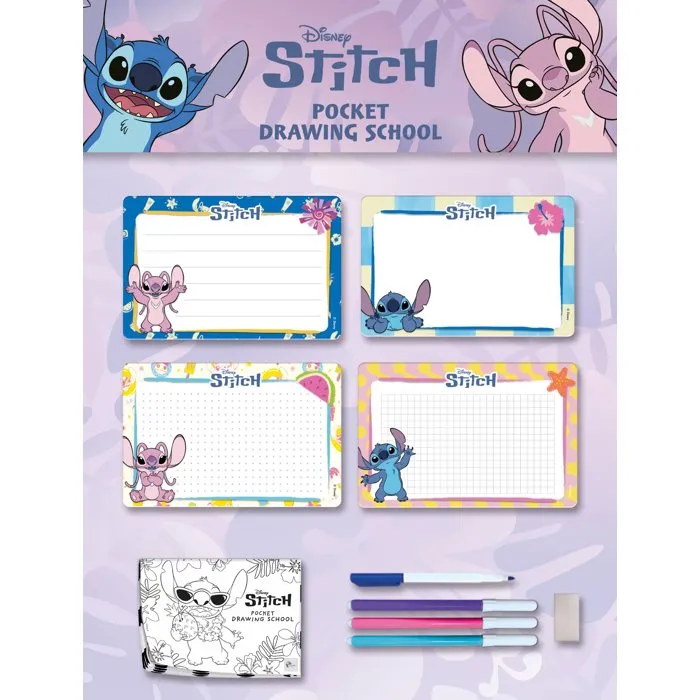 Liscianigiochi Pocket Studio de Dessin Stitch - Kit créatif avec ardoises effaçables et feutres pour apprendre à dessiner - Dès 3 ans