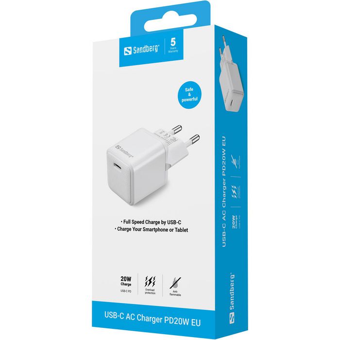 Sandberg Chargeur Secteur USB-C 20W PD Noir - Pour Smartphone et Tablette (EU Plug)