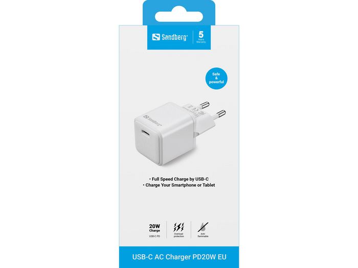 Sandberg Chargeur Secteur USB-C 20W PD Noir - Pour Smartphone et Tablette (EU Plug)