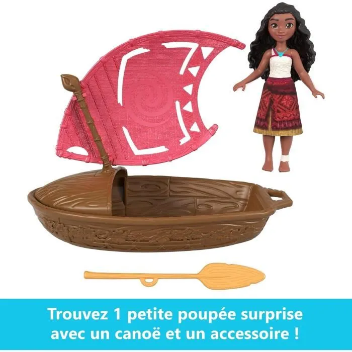 Disney Princess Figurine Vaiana Pirogue avec 3 Surprises Mini Poupée, Voile et Rame Jouet Mattel JBT68 pour Enfants 3 à 10 Ans
