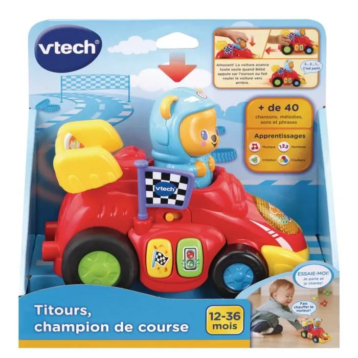 VTECH - Titours, Champion de Course - Voiture de course interactive pour bébé de 12 mois et plus - Version française - Rouge
