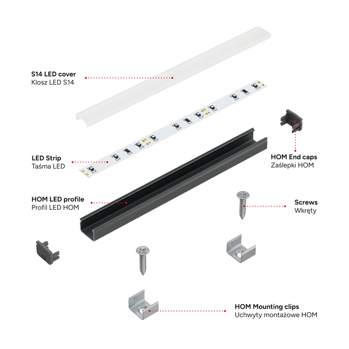 KIMERA Profilé en aluminium anodisé argent KIMERA-HOM avec diffuseur opale, capuchons et clips de fixation 2,02 m