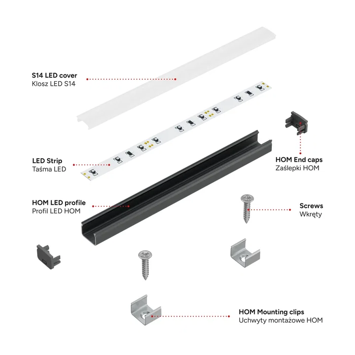 KIMERA Profilé Aluminium HOM Anodisé Noir avec Diffuseur Opal, Bouchons et Clips de Fixation 2,02m