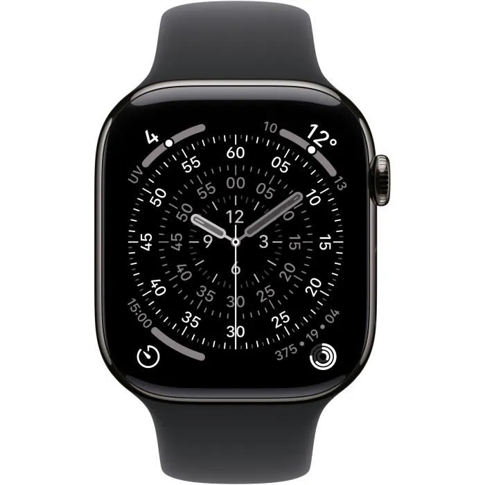 Apple Watch Series 11 GPS + Cellular 46mm Boîtier Slate Titanium, Bracelet Sport Band Noir S/M