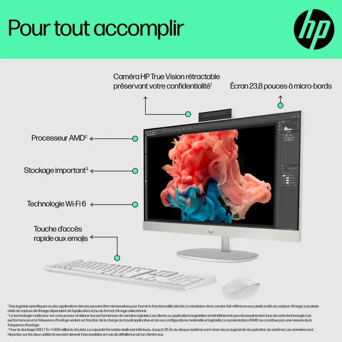 HP 24-cr0090nf - PC Tout-en-un - 23,8 pouces FHD IPS - Ryzen 5 7520U - 16 Go RAM - 512 Go SSD - Blanc coquillage