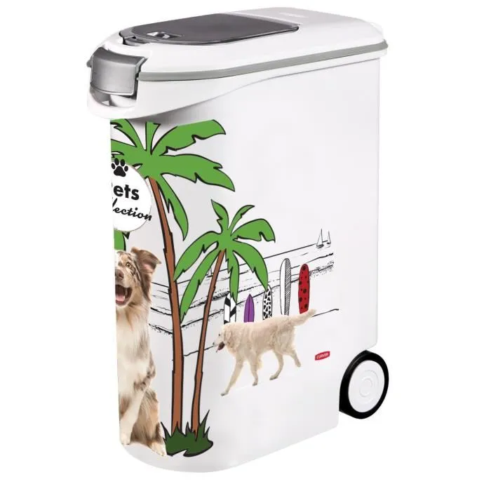 Curver - Boîte de rangement pour croquettes PetLife 20 kg avec roues, poignée, fermeture sécurisée et doseur - Conteneur plastique blanc 49.3x27.8x60.5 cm