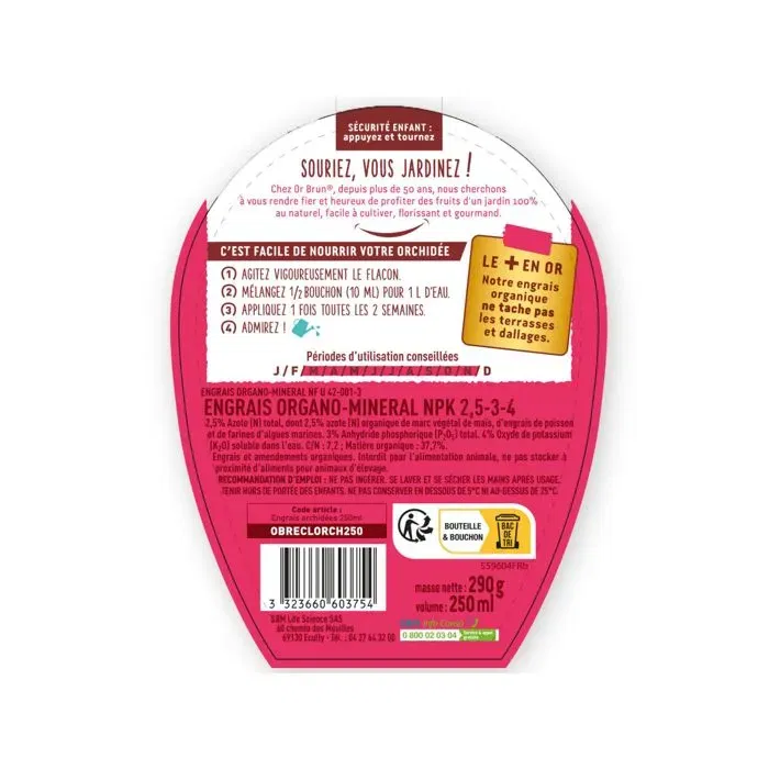 Or Brun Engrais liquide pour orchidées 250ml - Améliore et favorise la croissance - Composition naturelle pour l'agriculture biologique - OBRECLORCH250