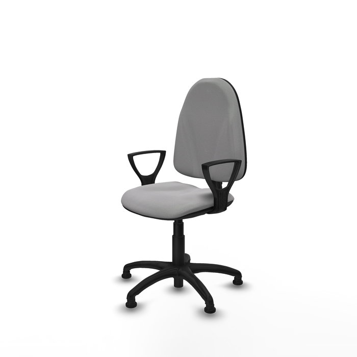 Chaise de bureau Algarra avec mécanisme Contact permanent de base, rembourrée de tissu gris clair. Équipée d'une base en polyamide noir, d'accoudoirs fixes et de butées