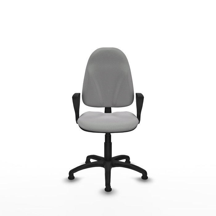 Chaise de bureau Algarra avec mécanisme Contact permanent de base, rembourrée de tissu gris clair. Équipée d'une base en polyamide noir, d'accoudoirs fixes et de butées