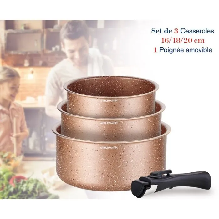 Arthur Martin - Set de 3 casseroles AM2366 - Induction - Diamètres 16, 18, 20 cm - Terracotta - Poignée amovible