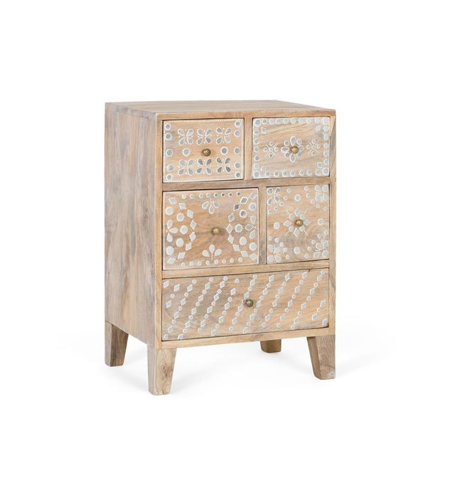GINER Y COLOMER Table de chevet 5 tiroirs en bois de manguier massif, façade peinte à la main, finition naturelle - Meuble de chambre