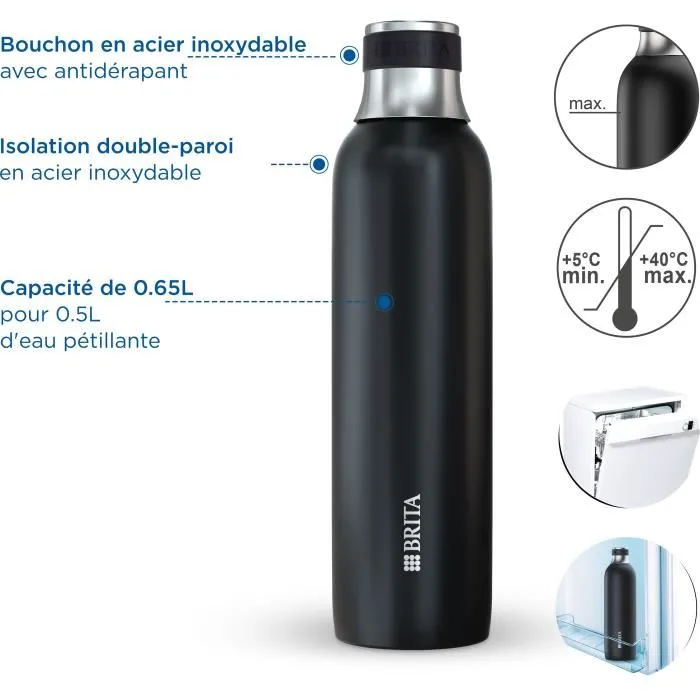 Brita - Bouteille isotherme en acier inoxydable noir 0,65L - Compatible avec SodaTRIO - Lavable au lave-vaisselle