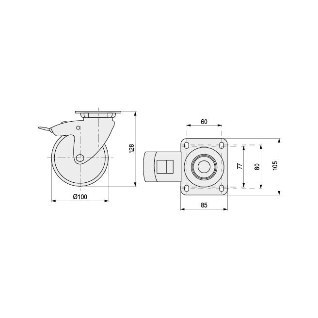 TENTE Roue Pivotante Ø100mm en Nylon avec ou sans frein, sans anti-fil, pour chariots de transport