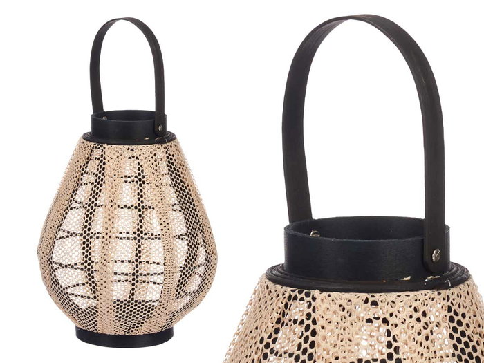 Giftdecor Farol Portavela avec Anse en Tissu, Bois et Verre Beige et Noir 25x30x25 cm (Set de 2)