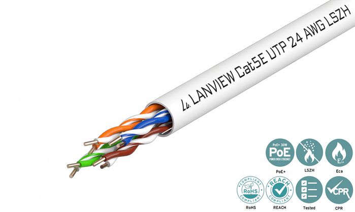 Lanview Câble réseau Ethernet 305 mètres Cat5e U-UTP 4 paires AWG24 LSZH blanc pour intérieur